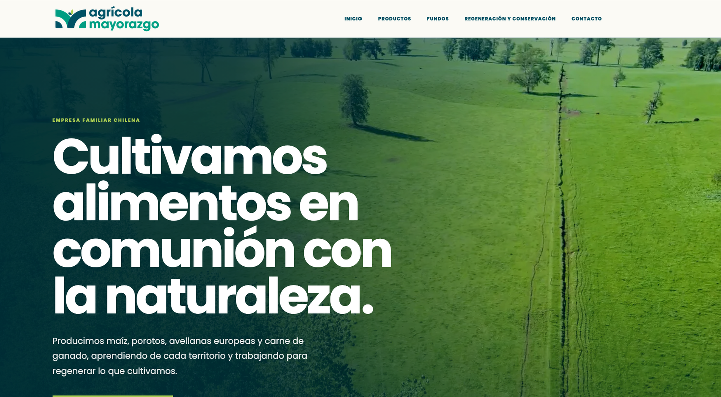 Agrícola Mayorazgo website with a green agricultural opening.