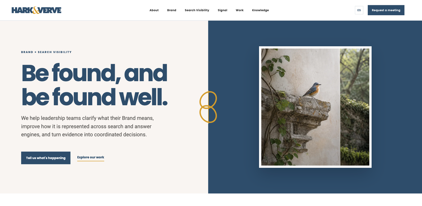 Hark&Verve website with large typography, a bird photograph and cream-and-navy panels.