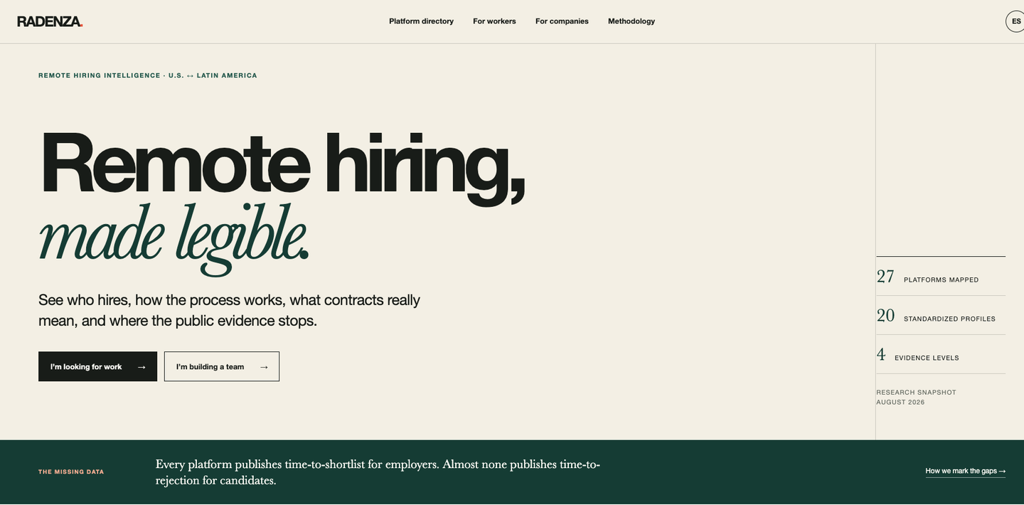 Radenza website with an editorial layout and two audience paths.