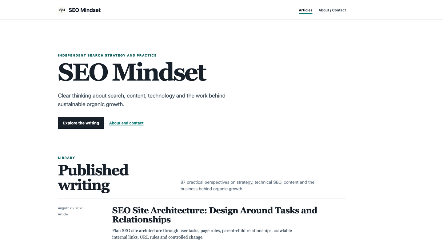 SEO Mindset website with a serif heading and article collection.