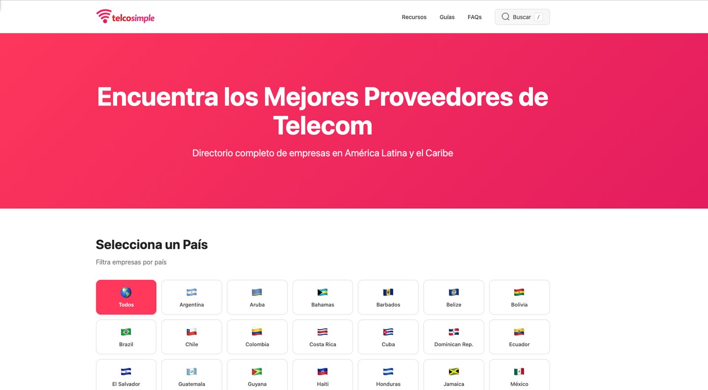 Telcosimple website with a bright pink opening and country navigation.